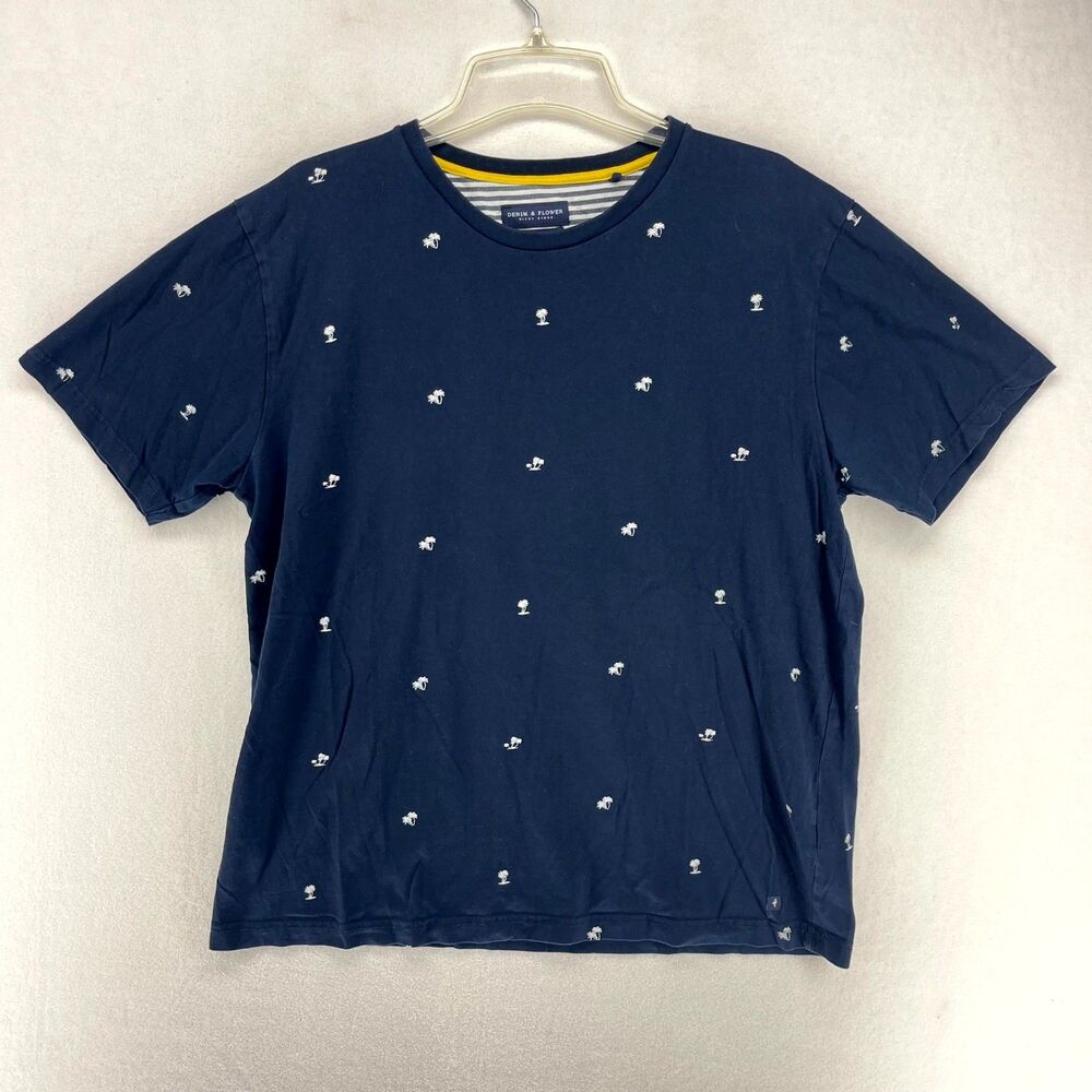 Denim & Flower Ricky Singh‎ Short Sleeve Palm Tree Tshirt Dark Blue/White Mens L